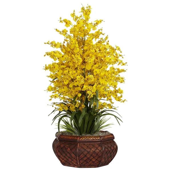 Nearly Natural Large Dancing Lady with Round Vase Silk Arrangement Yellow