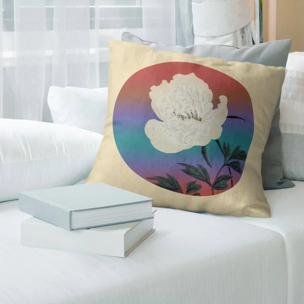 Porch & den Keito Sato &Vintage Japanese Flower Painting& Throw Pillow - 18 x 18 - Red & Blue - Synthetic Fiber