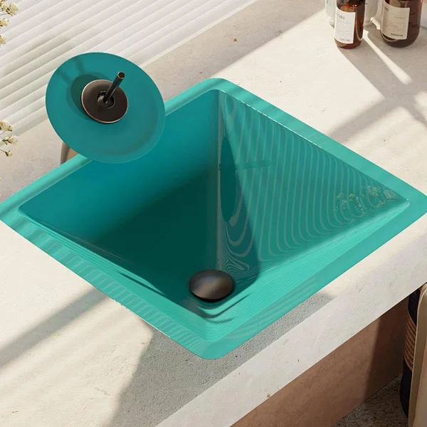 Rene R5-5003-CER-WF 16-1/2x22 Glass Vessel Bathroom Sink with Waterfall Faucet Si Cerulean - Antique