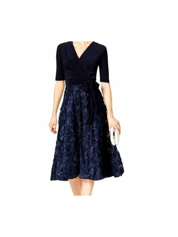 Alex Evenings Women's Rosette Tea-Length Dress, Blue 6