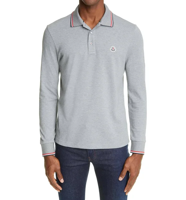 Men's Moncler Tipped Long Sleeve Piqué Polo, Size X-Large - Blue