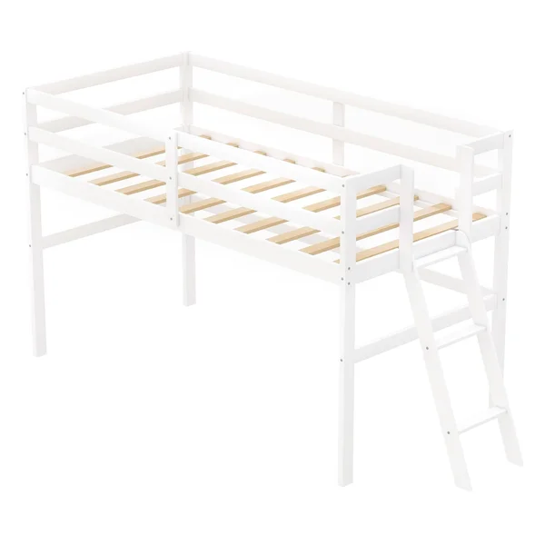 Wooden Twin Size Low Loft Bed with Ladder - White
