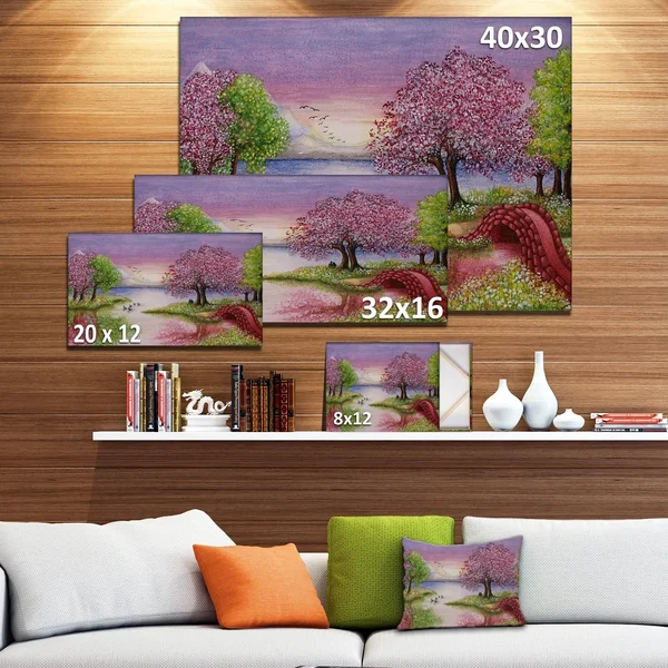Design Art Romantic Lake in Pink and Green - Extra Large Wall Art Landscape, 32 in. Wide x 16 in. High