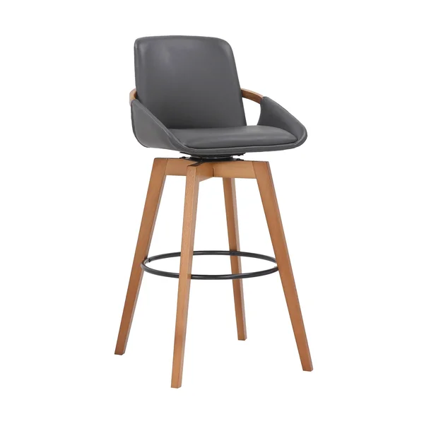 Baylor Swivel Wood Bar Stool in Faux Leather - Armen Living LCBABAWAGR30