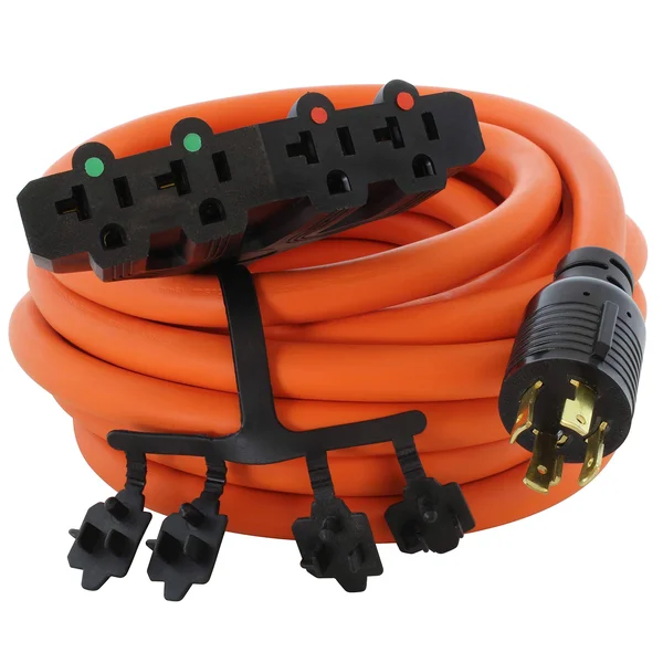 AC Works L1430F520-025 25ft 10/4 Stow 30 Amp 125/250-Volt 4-prong L14-30P Generator Plug to (4) 15/20 Amp Household Connector Ge