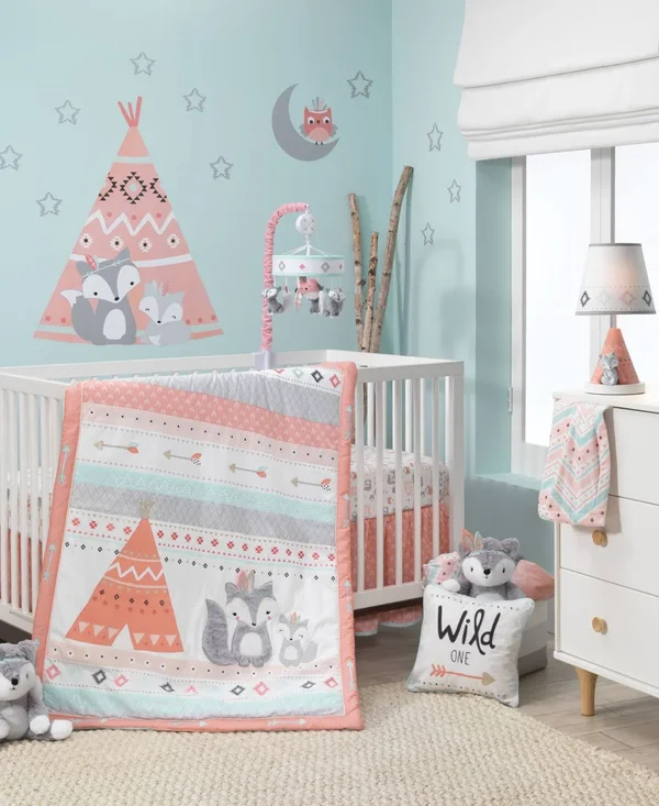 Lambs & Ivy Little Spirit Coral/Mint Southwest Fox & Owl Musical Baby Crib Mobile