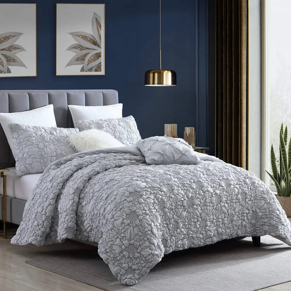 Swift Home Hana Washed Microfiber Stitched Rosette Floral Comforter Set - Full/Queen - Grey