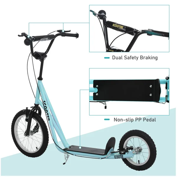 Aosom Teens Youth Scooter Ride on Toy with Adjustable Handlebar - Dual Brakes, and Inflatable Wheels for Kids 5+ - Blue