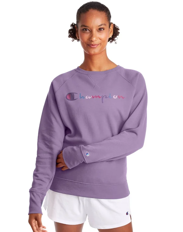 Champion Women's Athletics Powerblend Fleece Classic Crew, Watercolor Logo Enchanted Lilac L