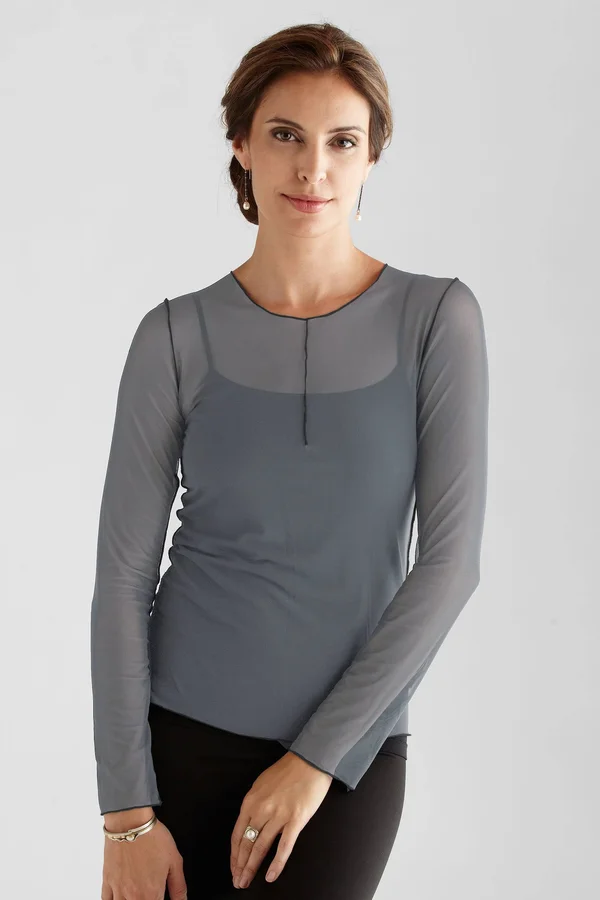 Long Sleeve Essential Mesh Layering Tee by Cynthia Ashby - Charcoal - M (12-14) (Mesh Top)