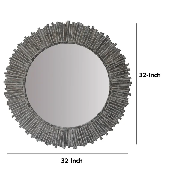 The Urban Port 32 inch Round Beveled Floating Wall Mirror with Sunflower Wooden Frame, Gray
