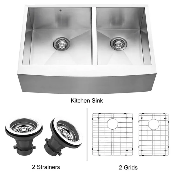 VIGO 33-inch Farmhouse Stainless Steel Kitchen Sink - Two Grids and Two Strainers