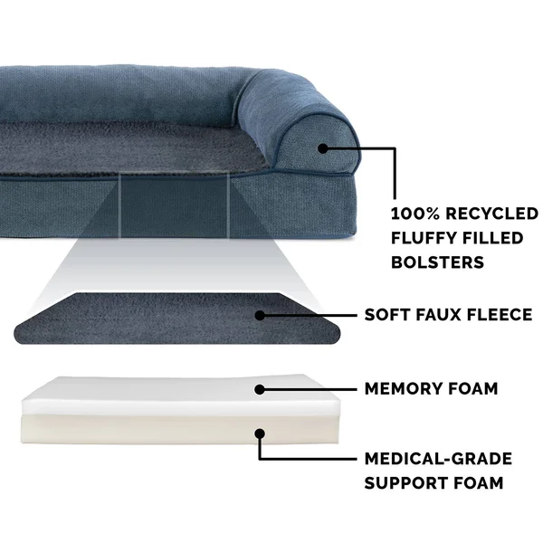 FurHaven Sofa Dog Bed - Faux Fleece & Chenille Memory Foam, Jumbo, Orion Blue