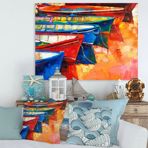 Designart &Boats in The Harbor During Warm Colourd Sunset II& Nautical & Coastal Canvas Wall Art Print - 36 in. Wide x 28 in