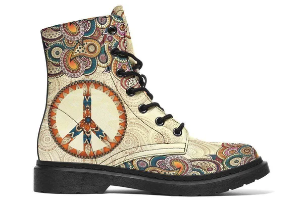 Tan Peace Mandala Boots, Peace Sign Boots, YesWeVibe Women's Boots, Black Sole, US 8, EU39.5