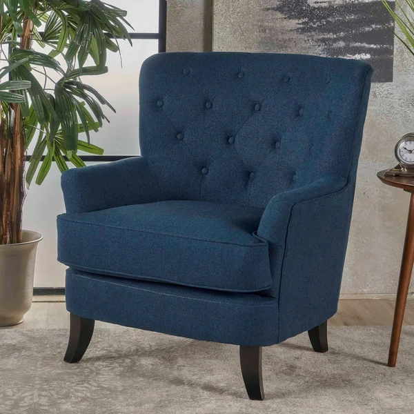 36x22 Blue and Brown Hand Crafted Contemporary Button Tufted Club Chair