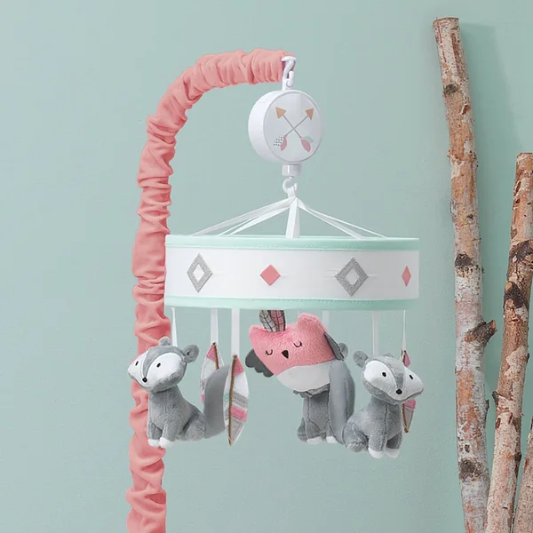 Lambs & Ivy Little Spirit Coral/Mint Southwest Fox & Owl Musical Baby Crib Mobile