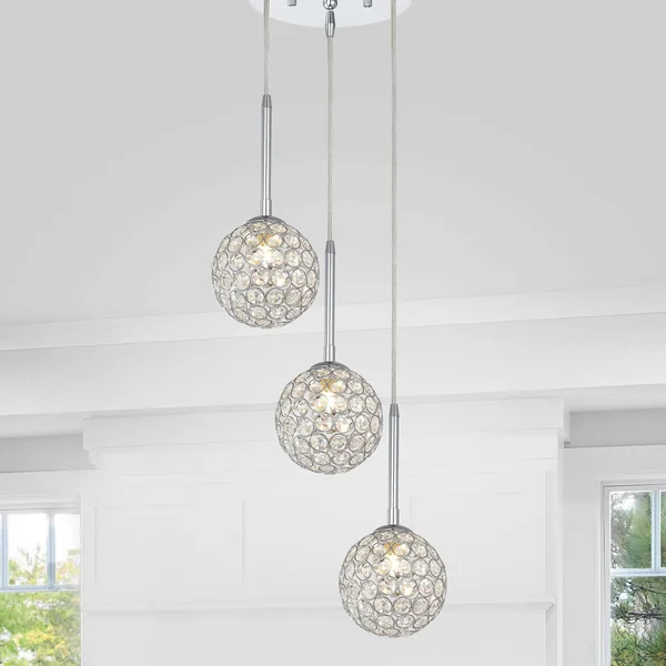 Estela Chrome 3-Light Clear Crystal Beaded Ball Cluster Pendant