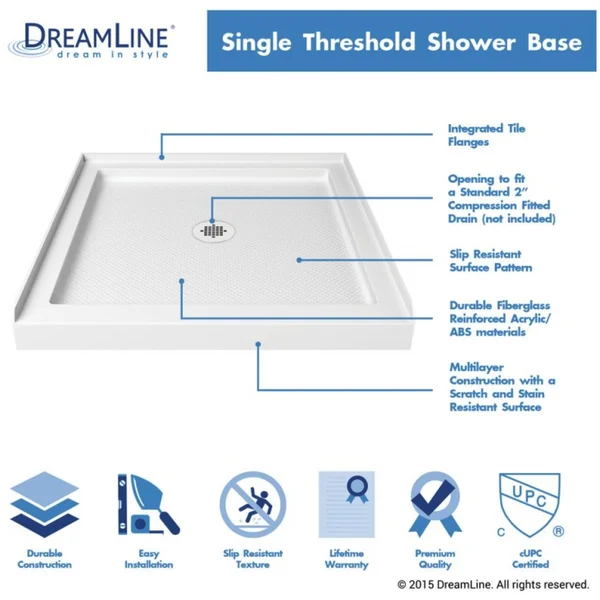 DreamLine DLT-1132480 Slimline 32 x 48 inch Single Threshold Shower Base - Center Drain