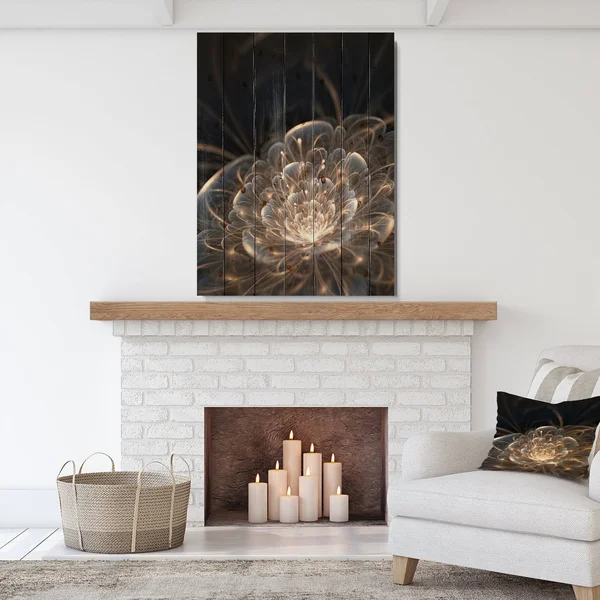 Designart &Fractal Flower with Golden Rays& Floral Art Print on Natural Pine Wood - Gold - 30 in. Wide x 40 in. High