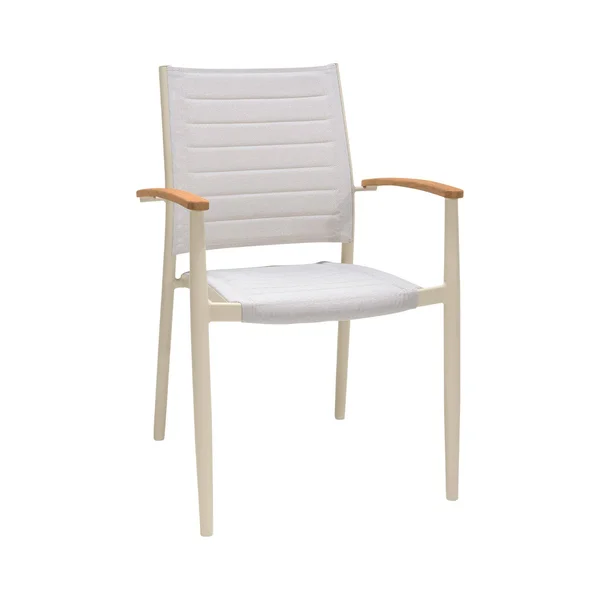 Armen Living LCPLCHNAT Portals Outdoor Coral Sand Aluminum Stacking Dining Chair with Teak Arms - Set of 2