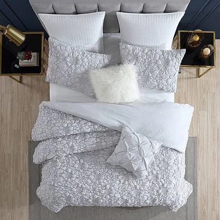 Swift Home Hana Washed Microfiber Stitched Rosette Floral Comforter Set - Full/Queen - Grey
