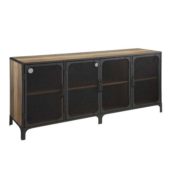Delacora WE-BD60SOI4D Cavalier 60x22 Wide Metal Mesh and Laminate Wood Look TV Sta Rustic Oak