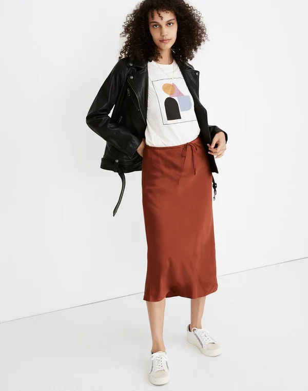 Madewell Women's Drawstring Midi Slip Skirt in Dusty Redwood - Size 00