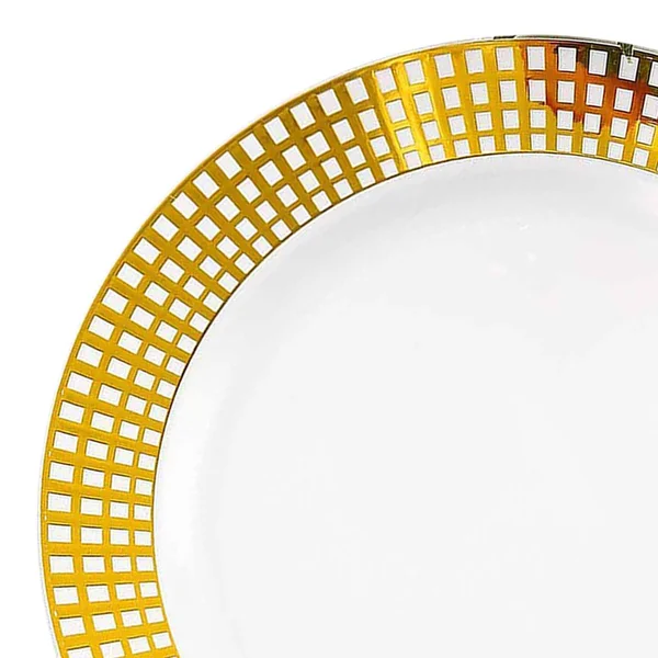 Gold Checkered Rim Disposable Plastic Plate Packs - Party Supplies (White with Gold Rim - 120pcs - Dinner Plates)
