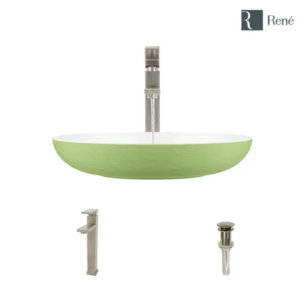 Rene R11-5001-SGE-R9-7003 Stone Composite Oval Vessel Sink with Faucet - Sage - Brushed Nickel