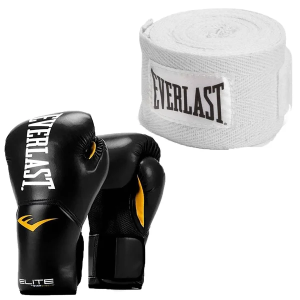 Everlast Elite Pro Style Black Boxing Gloves & 120 inch Cotton Hand Wrap, White