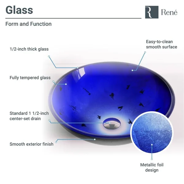 Rene R5-5008-R9-7003-C Foil Undertone Glass Vessel Sink with Chrome Vessel Faucet - Sink Ring, and Vessel Pop-Up Drain