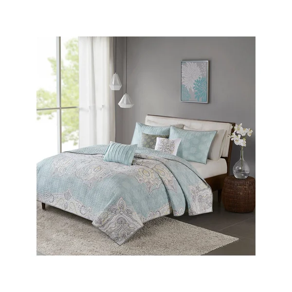 Madison Park Lucinda 6 Piece Reversible Cotton Sateen Coverlet Set Blue King/Cal King