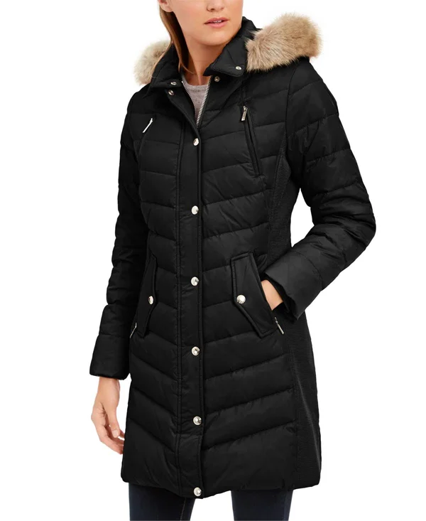 Michael Michael Kors Faux-Fur-Trim Hooded Chevron Down Puffer Coat, Created for Macy's - Black