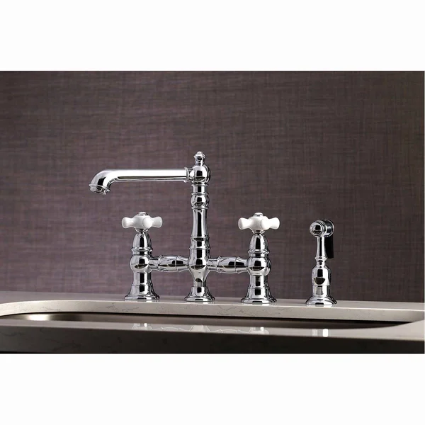 Kingston Brass KS7278PXBS English Country 8x22 Bridge Kitchen Faucet with Sprayer - Brushed Nickel