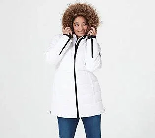 Arctic Expedition Quilted Zip Front Down Coat with Hood, Size 1X, White