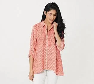 Logo by Lori Goldstein Mixed Print Woven Blouse with Lurex, Size Medium, Coral Sunrise