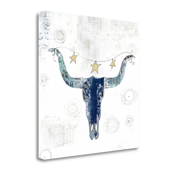 Tangletown Fine Art Navy Cow Skull by Sarah Ogren - Fine Art Giclee Print on Wrap Canvas, 30x30x22