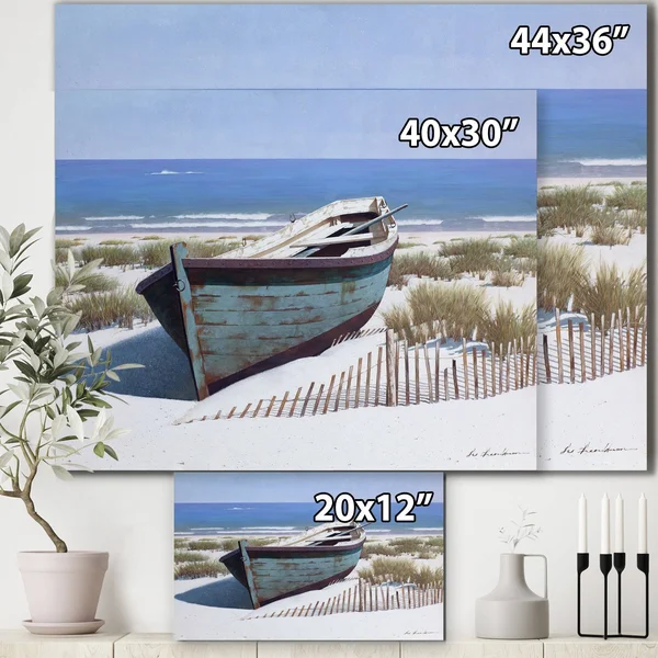 Designart 46x22 x 36x22 Boat on Beach Fabric Canvas Wall Art in Blue