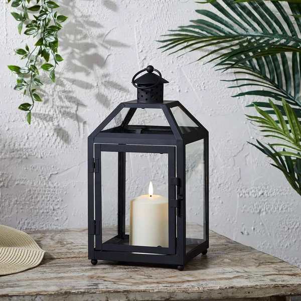 Lights4fun, Inc. 13.5” Black Metal Battery Operated LED Flameless Candle Lantern for Indoor Outdoor Use