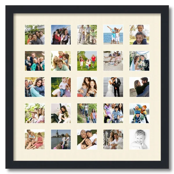 Collage Picture Frame - Satin Black Frame with 25 openings for 3x3 Photos with White Ivory Mat. D3926FY2093, ArtToFrames