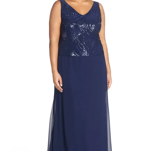 Alex Evenings Plus Size Sequined Chiffon Dress and Jacket - 14W - Navy