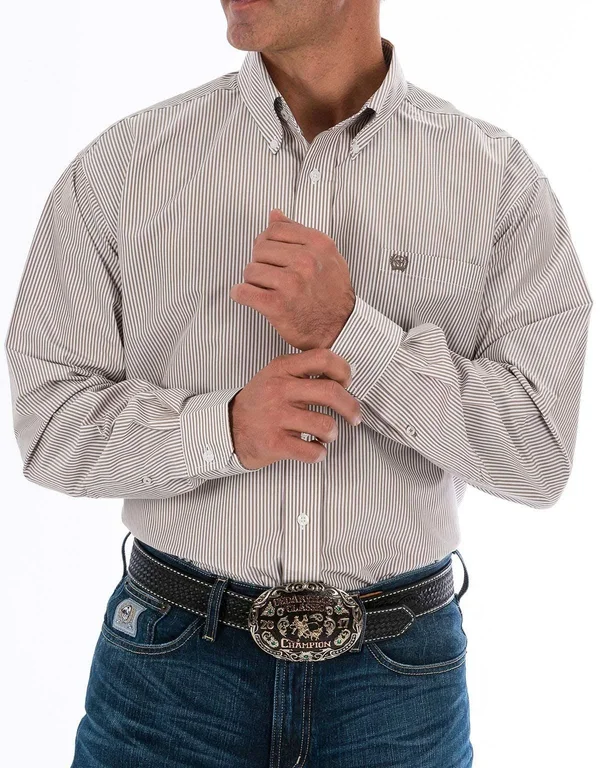 Cinch Men's Long Sleeve Stripe Button Down Shirt - Khaki - XXL