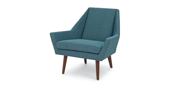 Blue Tweed Fabric Armchair - Solid Wood Legs, Article Angle Modern Furniture