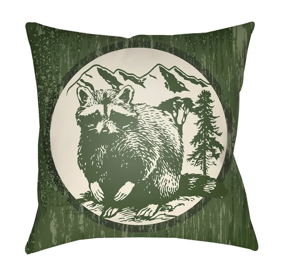 Lodge Cabin Raccoon Ridge Forest Green and Beige 16 x 16 in. Pillow with Poly