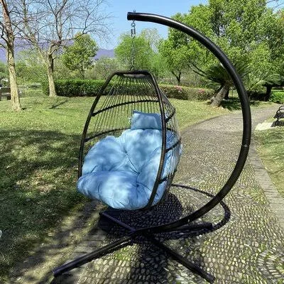 Outdoor Patio Wicker Folding Hanging Chair, Rattan Swing Hammock Egg Chair with C Type Bracket, with Cushion and Pillow, Beige Da