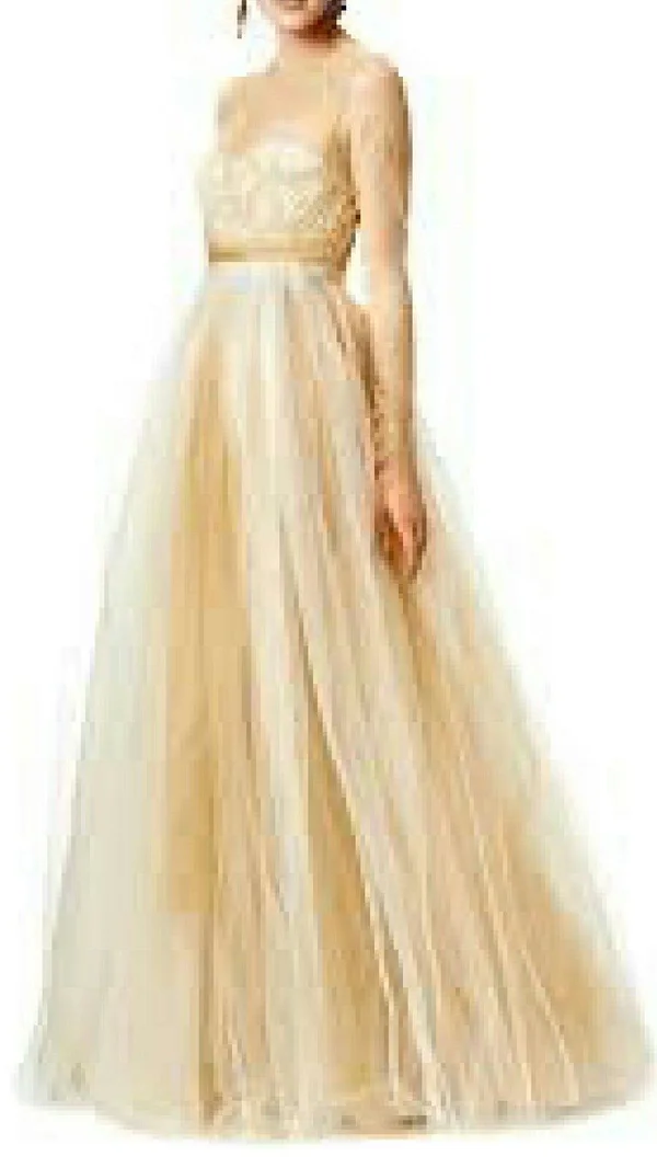 Marchesa Notte Stunning Exclusive Gold Lace Tulle Runway Dress Gown US 2