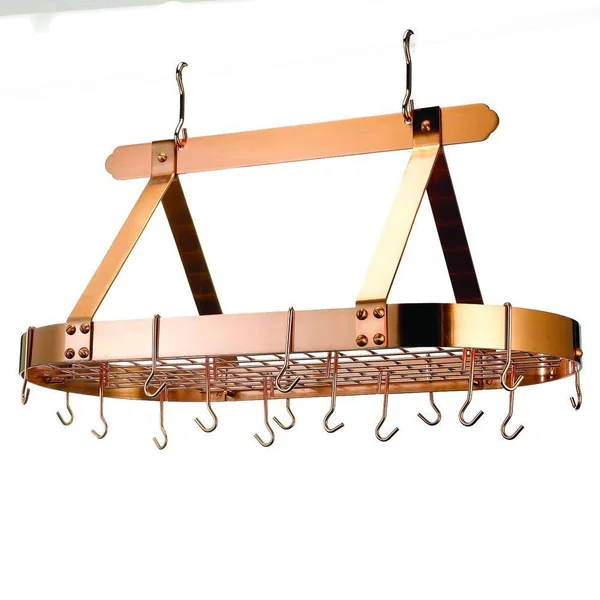 Old Dutch Oval Hanging Pot Rack with Grid & 16 Hooks - Copper