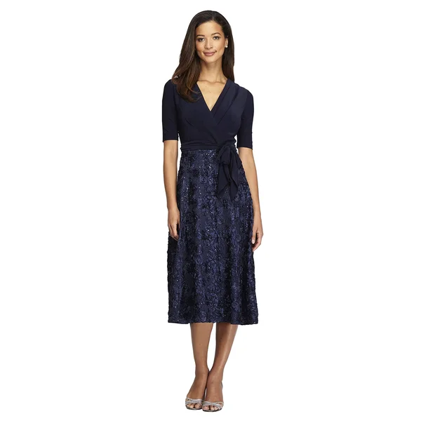 Alex Evenings Women's Rosette Tea-Length Dress, Blue 6