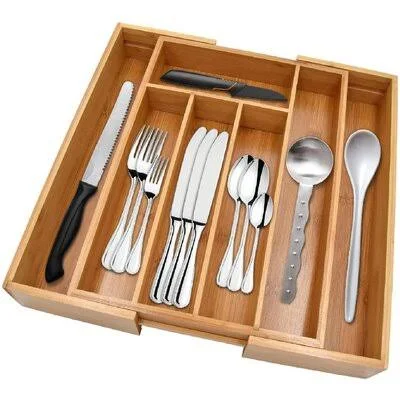 Rebrilliant Bamboo Kitchen Drawer Organizer - Silverware Drawer Organizer with 5 Compartments and 2 Expandable Utensil Drawer for